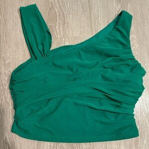 Green Ruched Asymmetrical Neck Crop Top